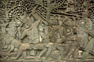 Bass relief carvings Bayon Angkor Thom, battle between Khmers and Chams, Angkor Thom, Cambodia