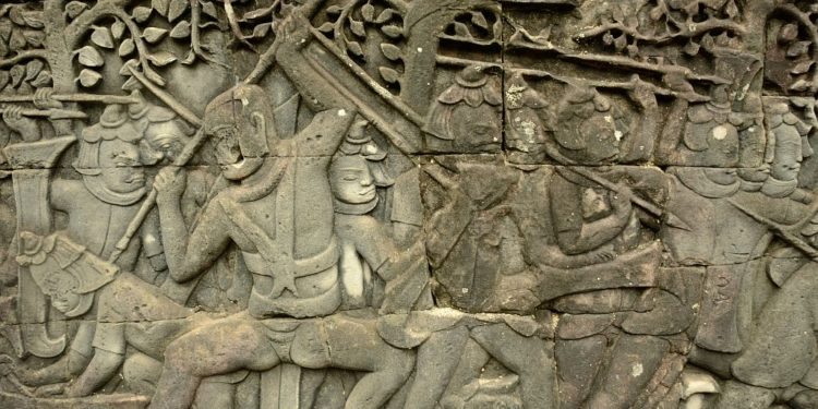 Bass relief carvings Bayon Angkor Thom, battle between Khmers and Chams, Angkor Thom, Cambodia