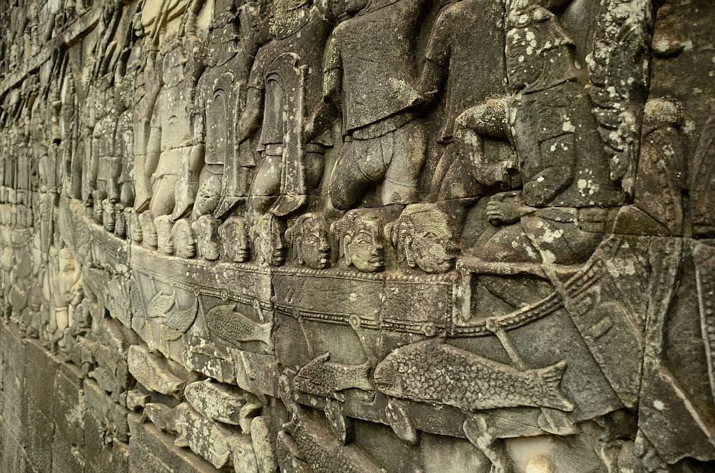 Battle between Khmers and Chams, Bass relief Bayon sculpture, Angkor Thom Cambodia