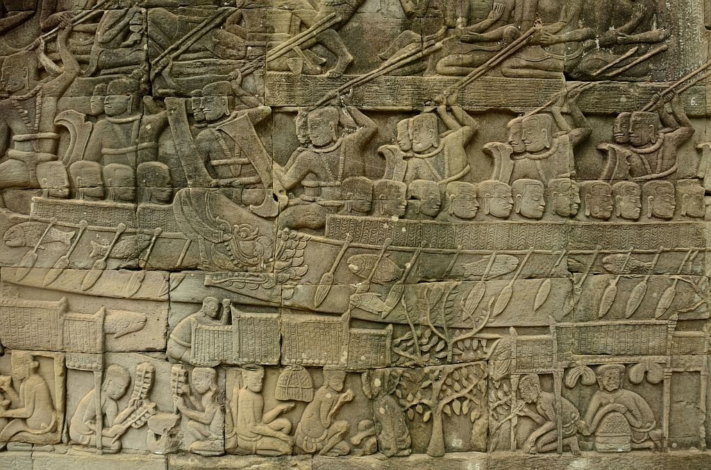 Bass relief Bayon Angor Thom, battle between Khmers and Chams, Ton le Sap, Cambodia