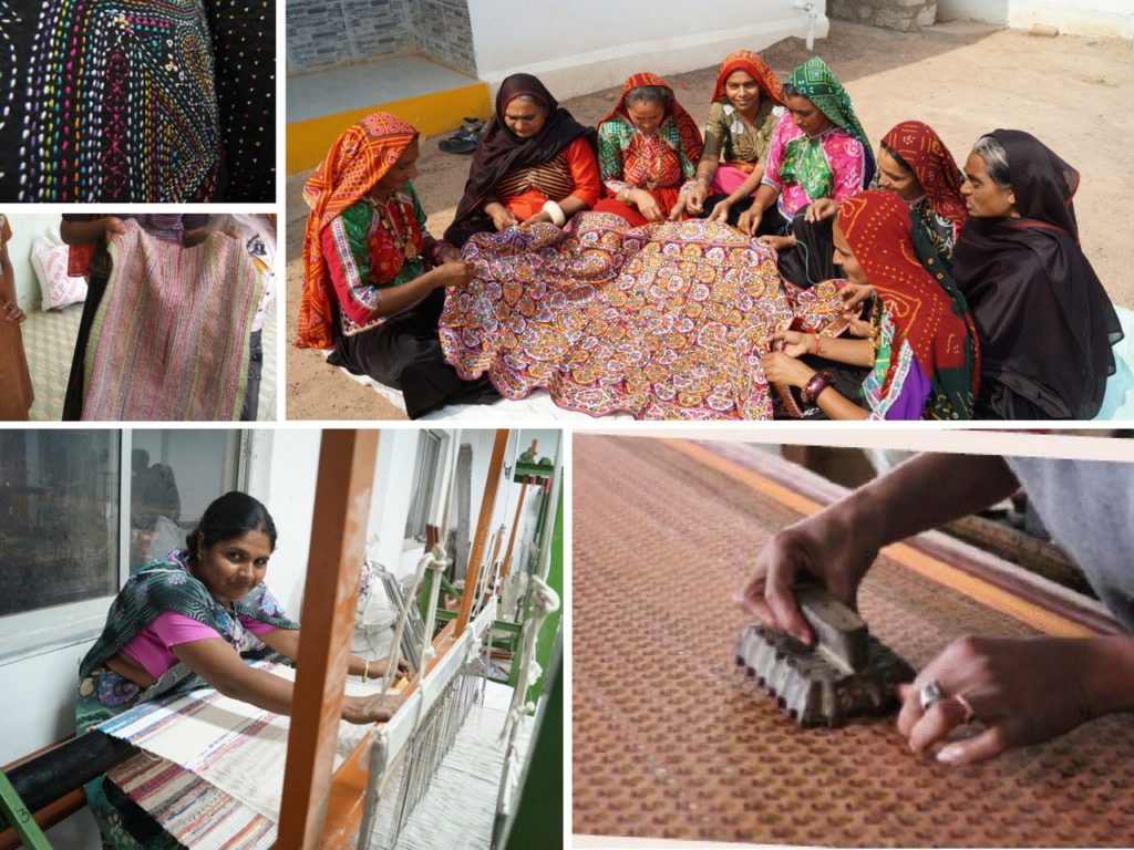 The local woman artisans of Gujarat combine the sparkling mirrors along with colorful Kutch embroidery